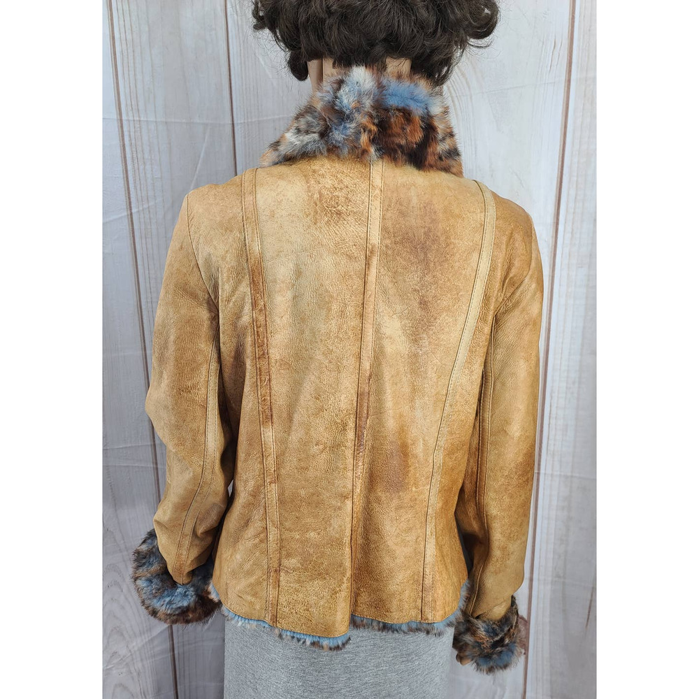 CLEAR ANGLE Women's M Jacket Soft Tan Genuine Leather Fur Trim Zip Front Luxury - Picture 4 of 10